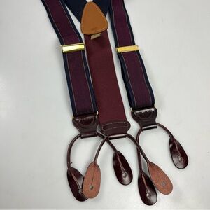 Trafalgar Navy Blue Striped Burgundy Braces Suspenders Leather Straps Stretch